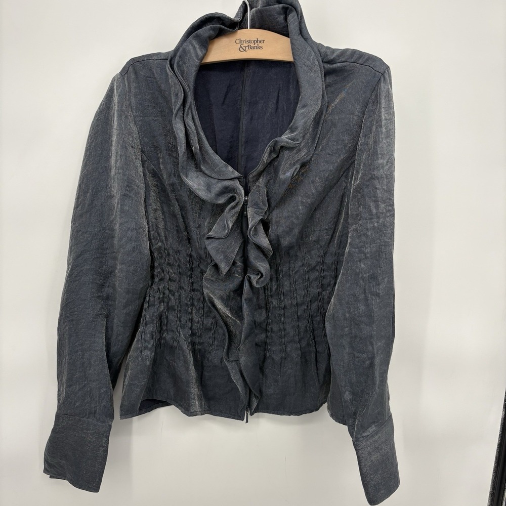 Samuel Dong Rayon Full Zip Ruffle Long Sleeve Blouse Size Wired Womans Large